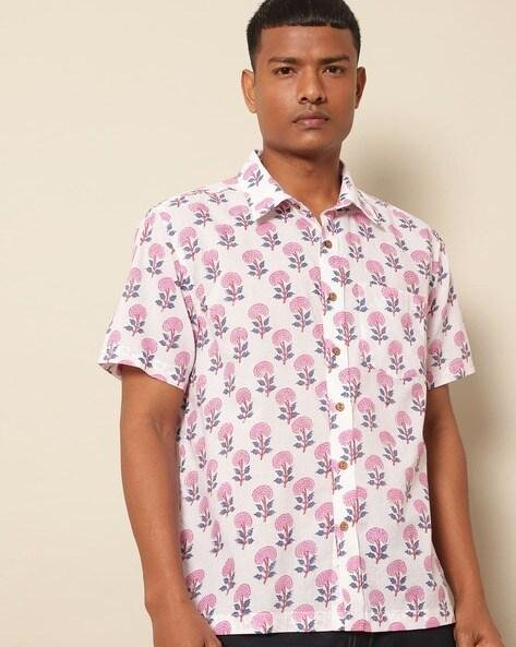 Handblock Print Shirt with Spread Collar