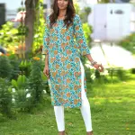 Green floral hand block printed cotton kurti