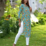 Green floral hand block printed cotton kurti