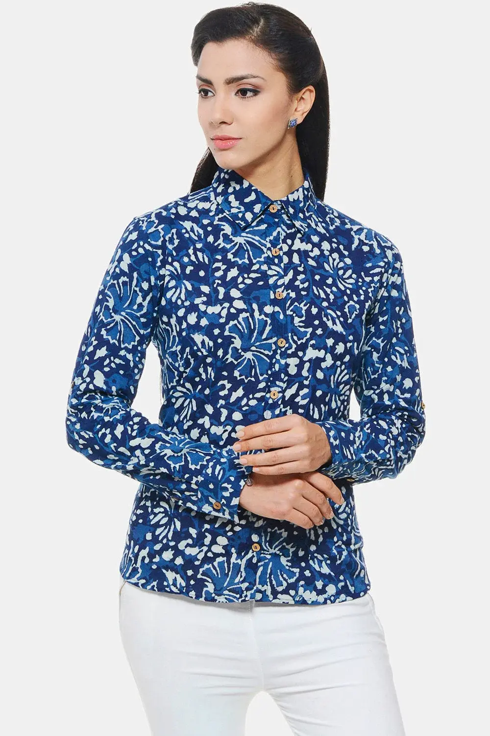 Indigo Hand block printed Shirt in floral design